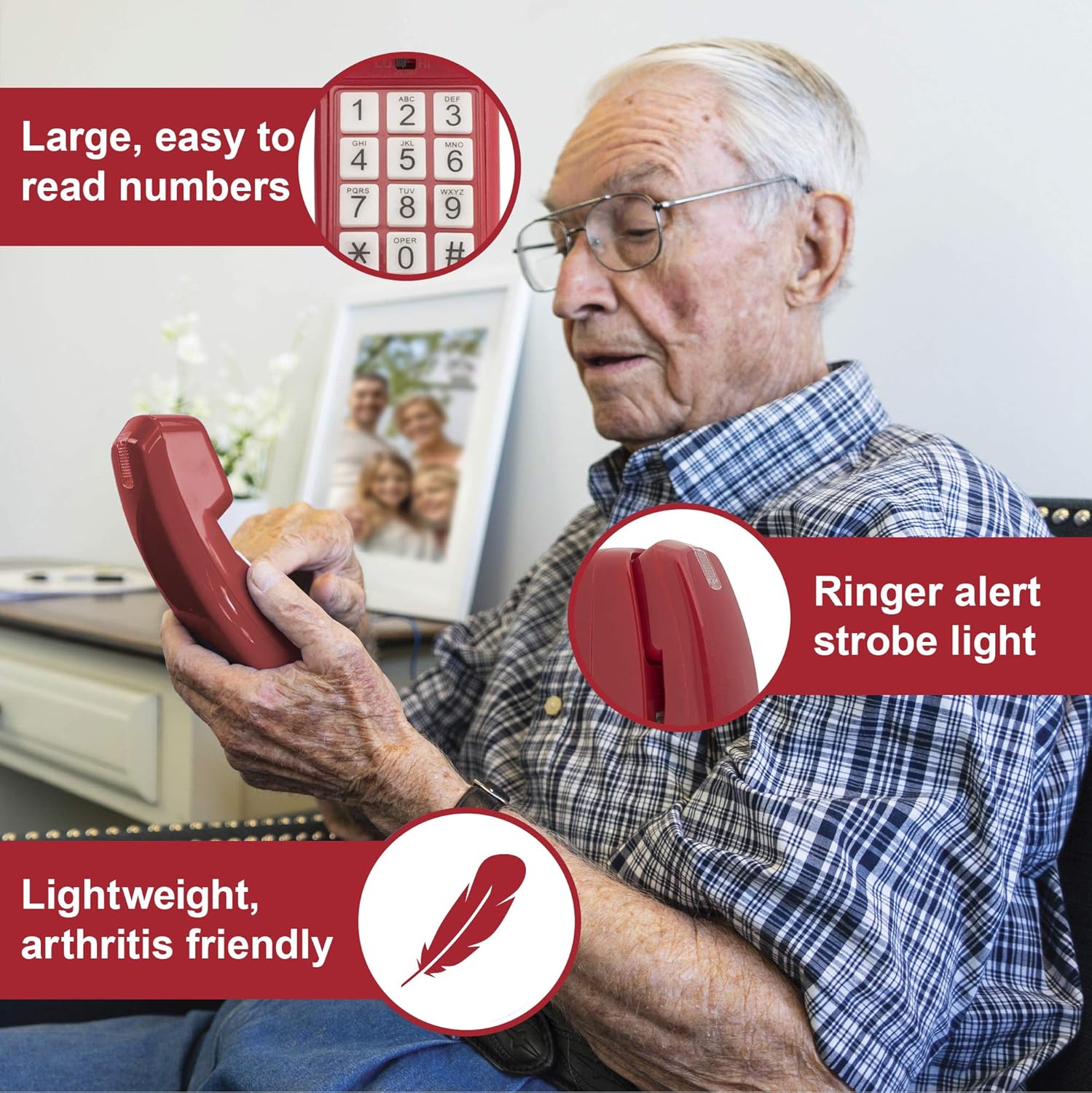 Corded Phone - Phones for Seniors - Phone for Hearing impaired - Crimson Red - Retro Novelty Telephone - an Improved Version of The Princess Phones in 1965 - Style Big Button - iSoHo Phones : Office Products