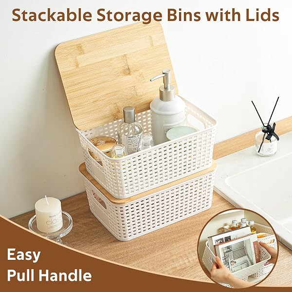ANTSTEP 8 PACK PLASTIC STORAGE BINS WITH BAMBOO LIDS – STACKABLE STORAGE BASKETS WITH HANDLE FOR PANTRY ORGANIZER AND STORAGE, PLASTIC CONTAINERS BINS LIDDED STORAGE BINS FOR CLASSROOM OFFICE SHELVES
