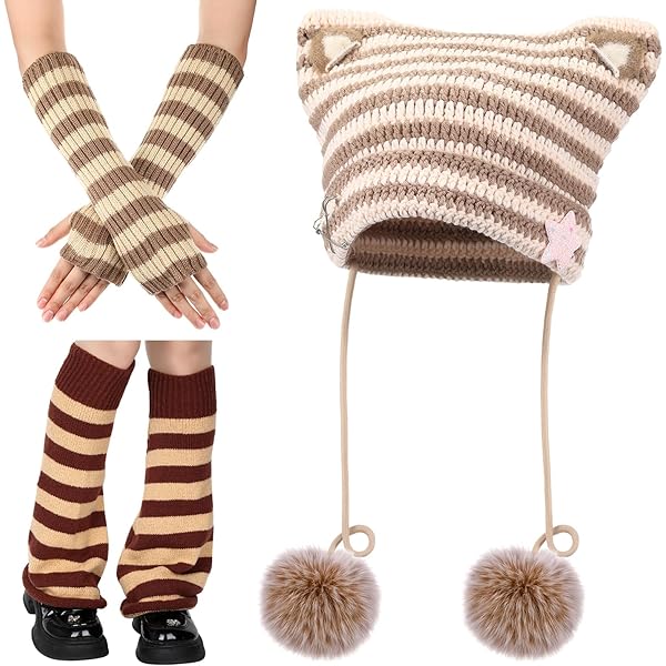 Hicarer 3 Sets Y2k Crochet Beanie Hats and Striped Arm Warmers Cat