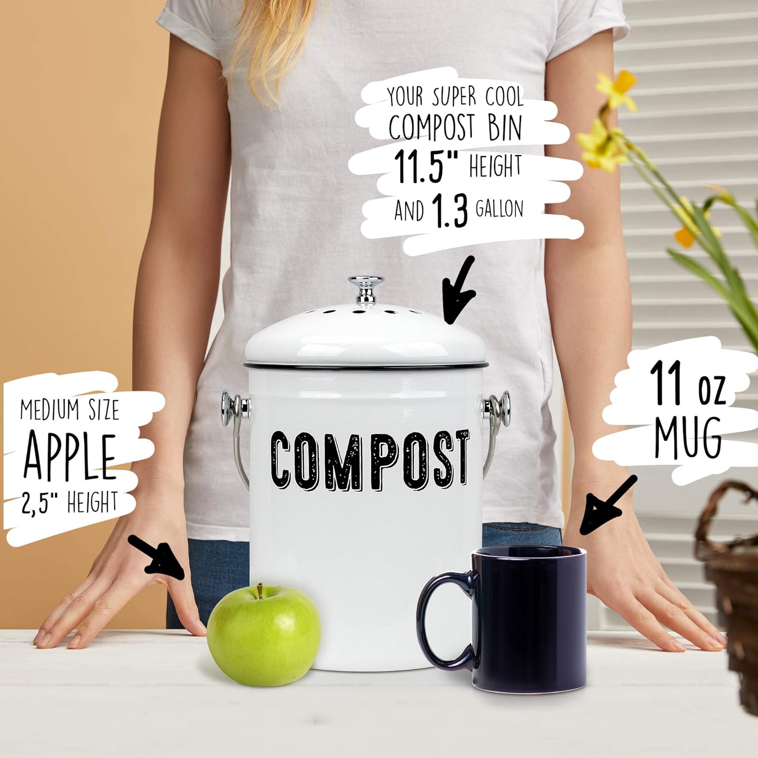 Granrosi Stylish Farmhouse Kitchen Compost Bin - 100% Rust Proof w/Non Smell Filters - Easy Clean 1.3 Gallon Container Looks Fabulous on Your Kitchen Countertop : Garden & Outdoor