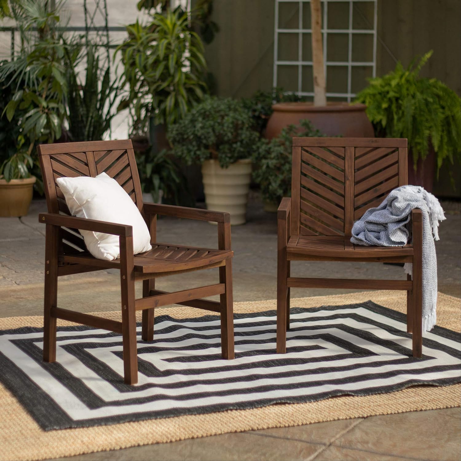 Walker Edison AZW4CGVINDB 4 Person Outdoor Wood Chevron Patio Furniture Set Loveseat Chairs Coffee Table All Weather Backyard Conversation Garden Poolside Balcony, Dark Brown : Garden & Outdoor