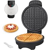 Baker's Friend 7-Inch Classic Waffle Maker, Ceramic, Browning Control, 900W | A thin waffle iron with fine-grid plates for one 7-inch waffle, indicator lights, upright storage, and cleaning brush.