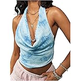MakeMeChic Women's Tie Dye Draped Halter Top Cowl Neck Sleeveless Summer Going Out Y2K Crop Tops
