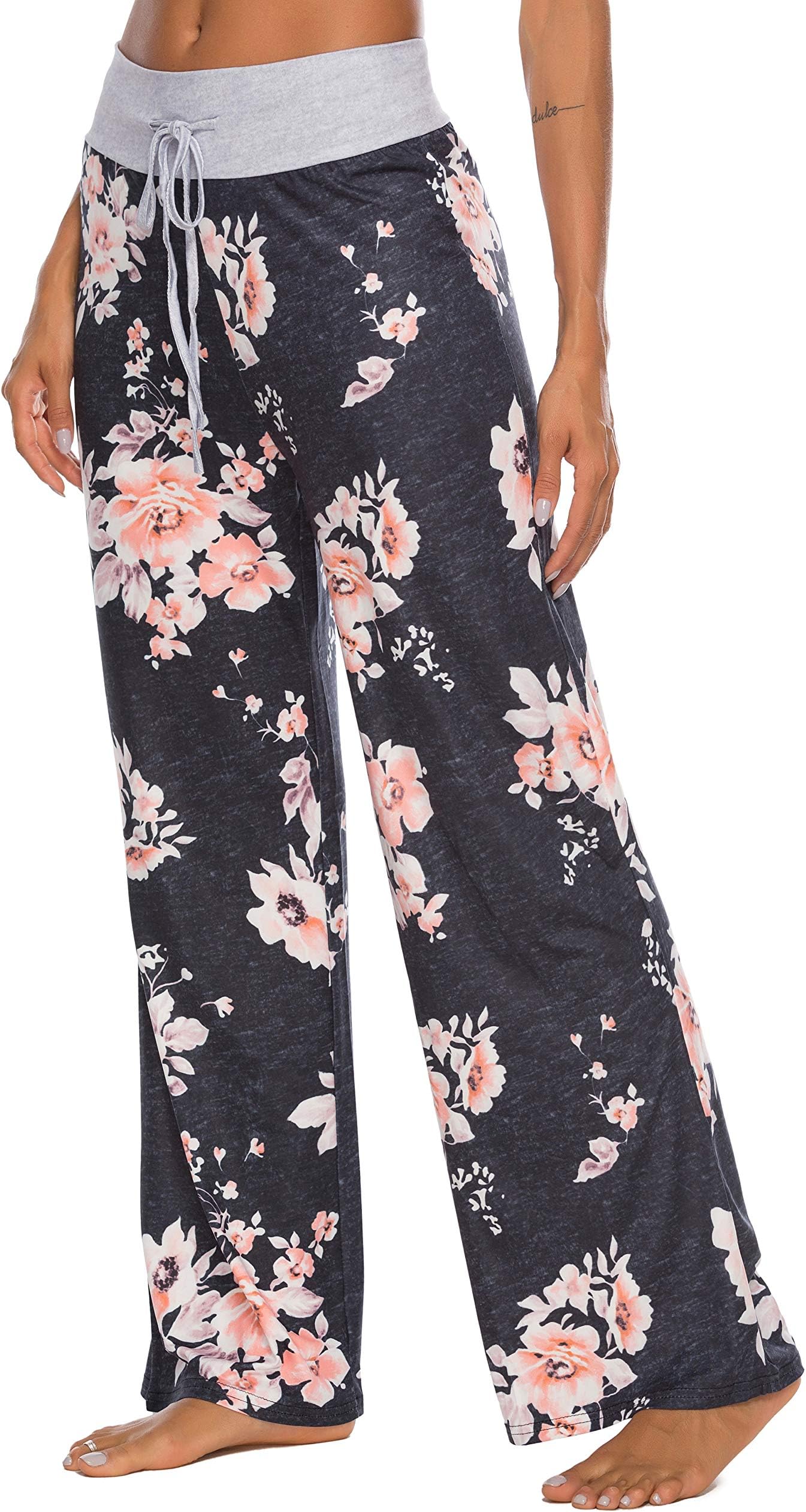 Women's Pajama Pants Comfy Floral Print Wide Leg Palazzo Lounge Pants Drawstring Elastic Waist Long Pj Bottoms