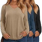 Velvelhall 3 Pack Women's Plus Size T-Shirt, Raglan Long Sleeve V Neck Tunic Tops Loose Fit Casual Basic Tee Shirt