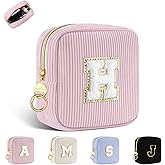 Playexen Small Initial Makeup Bag, Pink Corduroy Personalized Cosmetics Bag with Ring Buckle, Monogram Cute Travel Toiletry Pouch Purse for Birthday/Wedding/Party Gifts (Letter H)