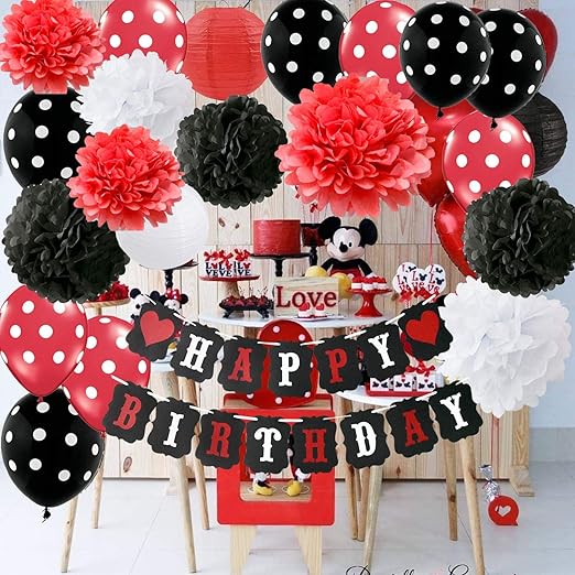 Red Mickey Mouse Birthday Party Decorations White Red Black Birthday Party Decorations Minnie Mouse Party Supplies Tissue Paper Pom Pom Flowers Paper Lanterns For Happy Birthday Decorations Baners Amazon Ca Home Kitchen