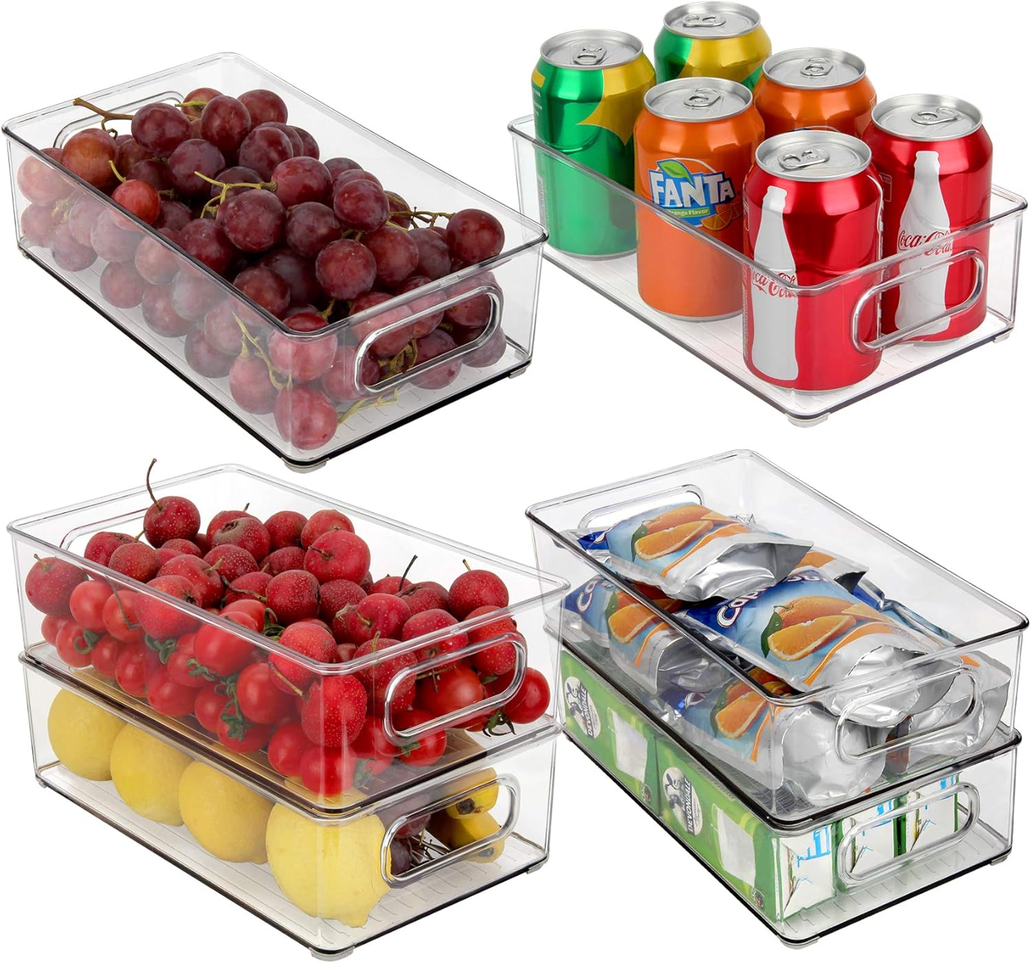 JuneHeart Refrigerator Organizer Bins, Set of 6 Fridge Storage Bins with Handles for Freezer, Kitchen, Countertop and Cabinets Pantry Food Storage-Clear Plastic Organizer Bins