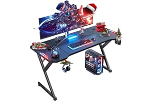 HLDIRECT 55 Inch Gaming Desk with LED Lights, Ergonomic Computer Gaming Table with Carbon Fibre Surface, Sturdy PC Workstation Desk for Gaming and Home Office with Headphone Hook, Cup Holder, Black