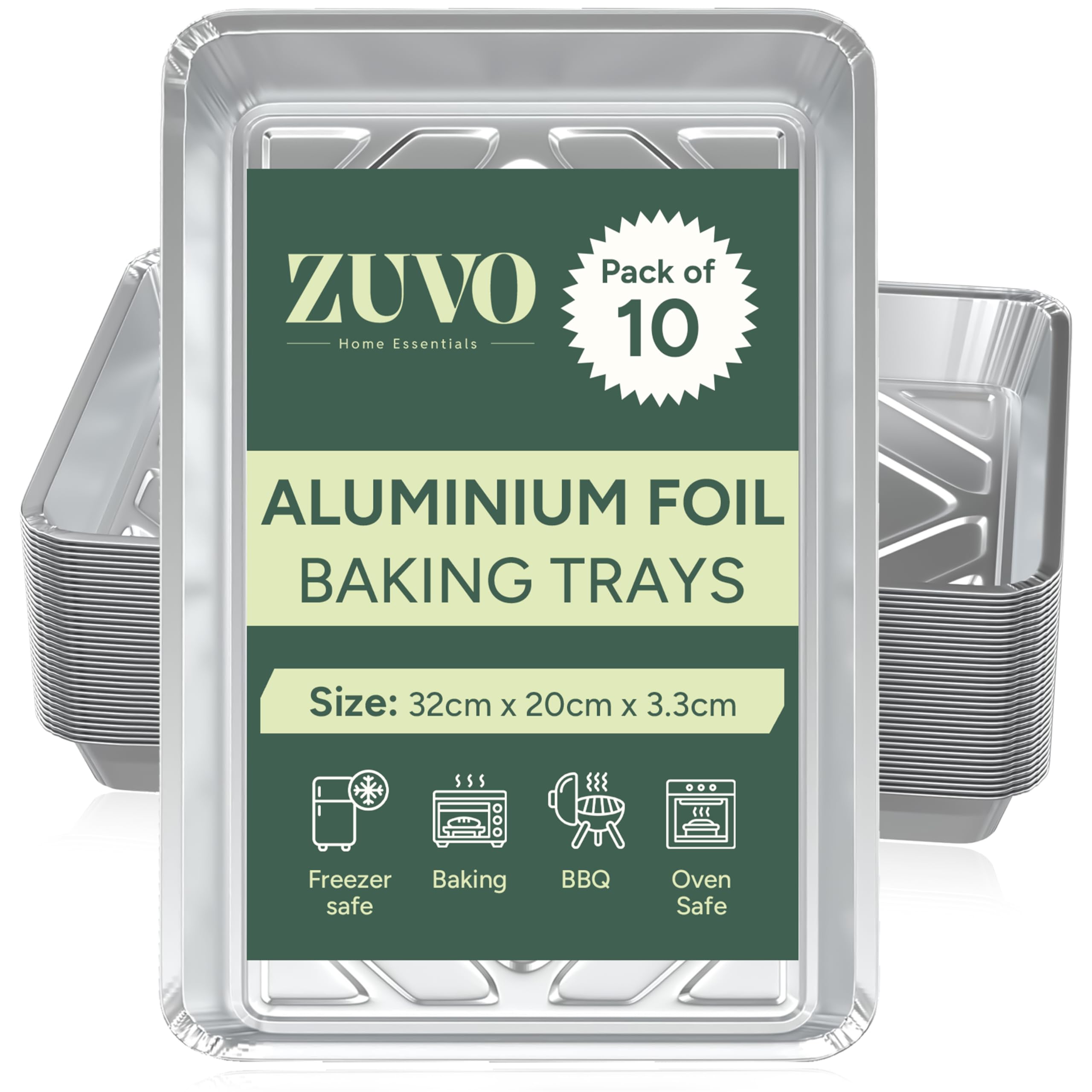 Zuvo Aluminium Foil Baking Trays - 10 Pack Disposable Tin Foil Trays for Baking, Cooking, Roasting & BBQ | 32cm x 20cm x 3.3cm | Without Lids