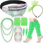 Handepo 19 Pcs 80s Costume Accessories Holographic Fanny Pack Leg Warmers Lace Headband Earrings Gloves Necklace Bracelet
