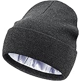 Satin Lined Knit Beanie Hat-100% Cotton Winter Hats for Women Men Silk Lining Soft Slouchy Warm Cuffed Beanies Hat