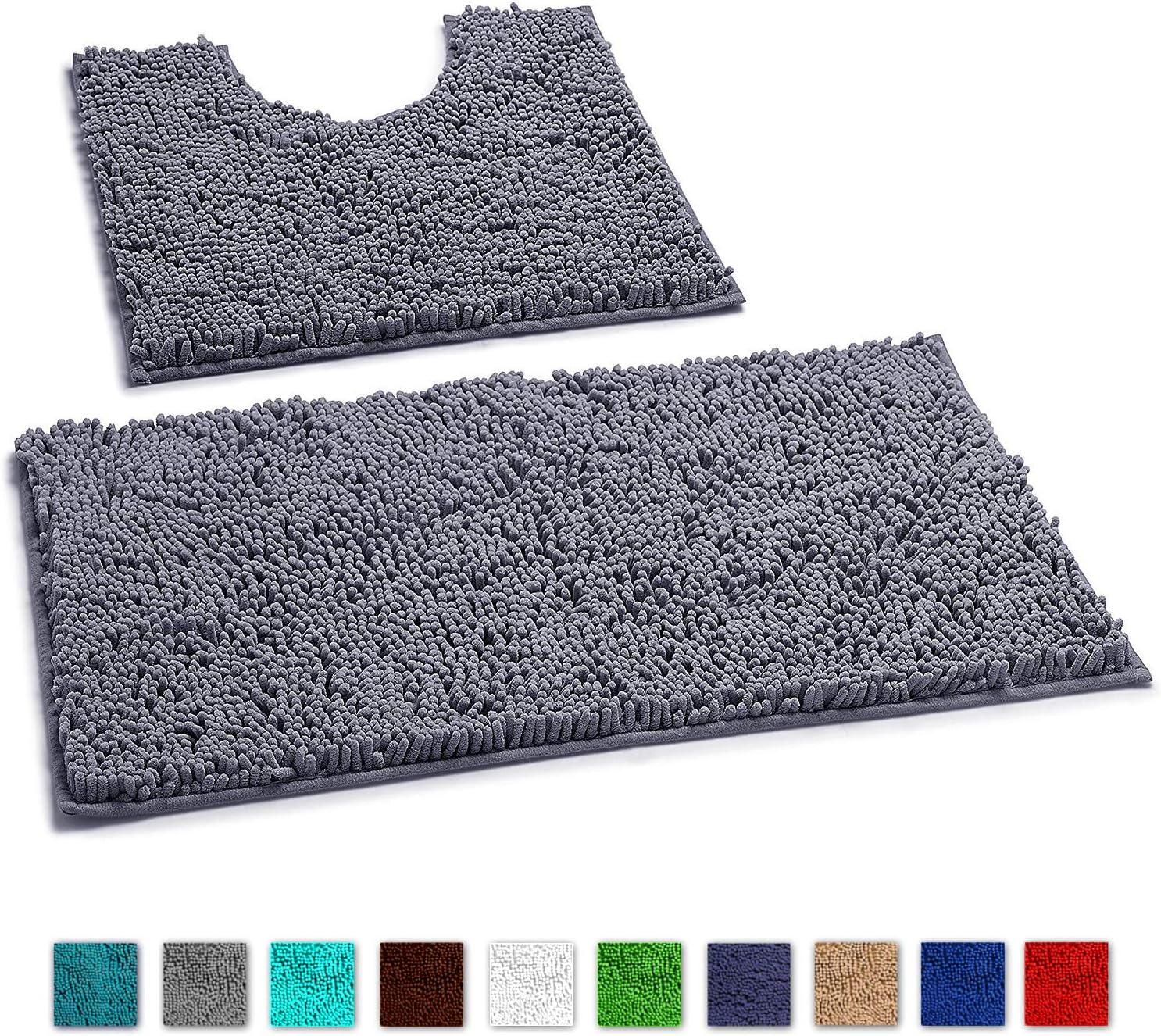 LuxUrux Bathroom Rugs Luxury Chenille 2-Piece Bath Mat Set, Soft Plush Anti-Slip Bath Rug +Toilet Mat.1'' Microfiber Shaggy Carpet, Super Absorbent (Curved Set, Dark Gray): Home & Kitchen