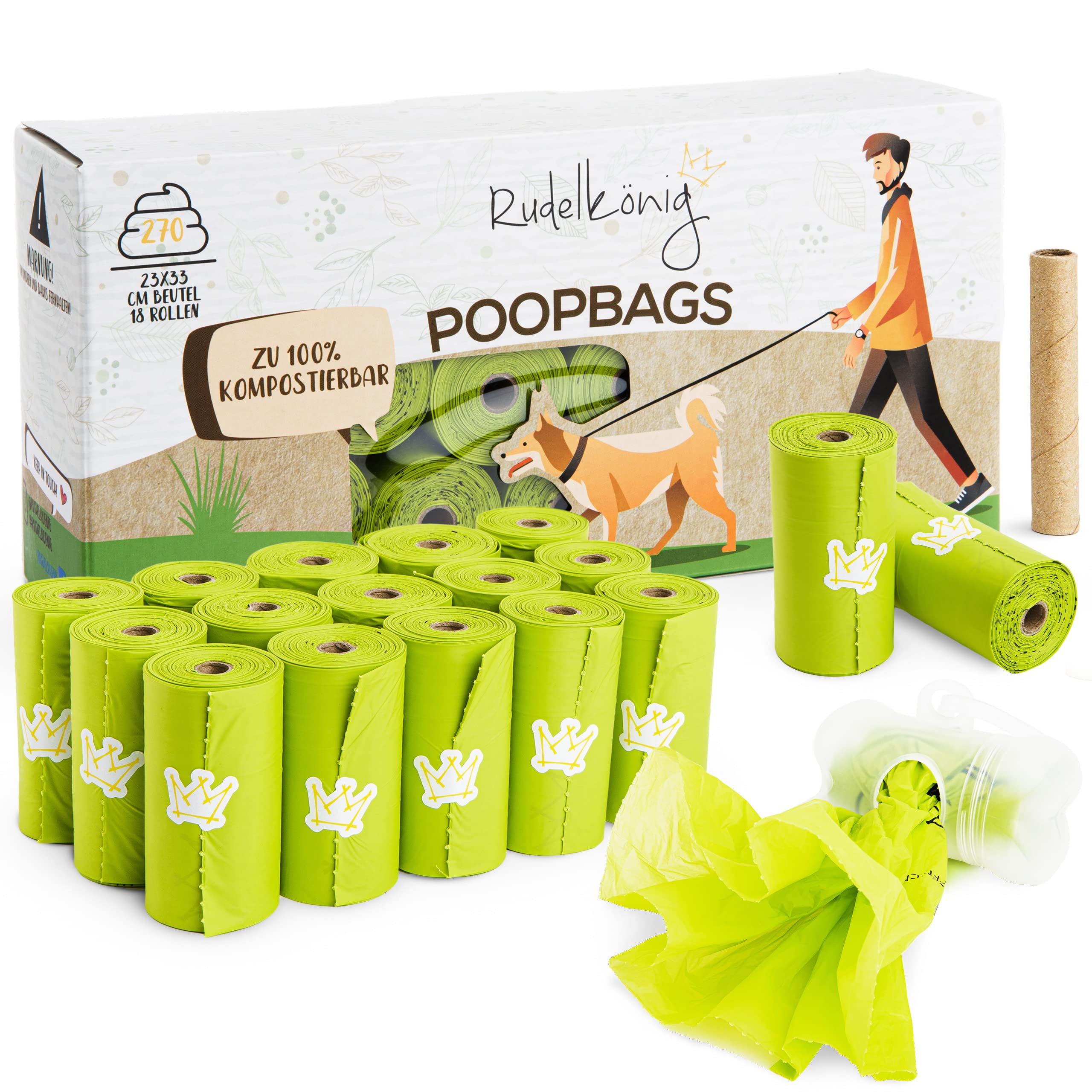 Rudelkönig poop bags for dogs - 270 dog poop bags made from recycled plastic - extra thick & tear resistant - With dispenser - 15 bags per roll