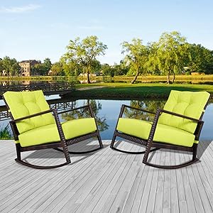 Incbruce Patio Wicker Furniture Rocking Chair Sets 2-Piece, Smooth Gliding Rocker Armchair with Breathable Green Lime Green Cushions