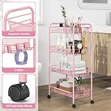 4-Tier Rolling Cart On Wheels Pink Easy Assemble Storage view 3