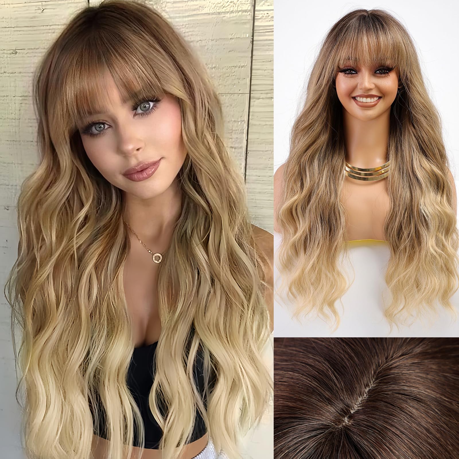 Photo 1 of HAIRCUBE Ombre Brown and Blonde Wig Long Curly Wig with Bangs Natural Appearance Heat-Resistant Synthetic Wig Suitable for Fashionable Women