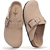 KIDMI Genuine Suede Clogs for Women Memory Foam Cork Footbed Potato Shoes Slip On Leather Mules with Big Buckle