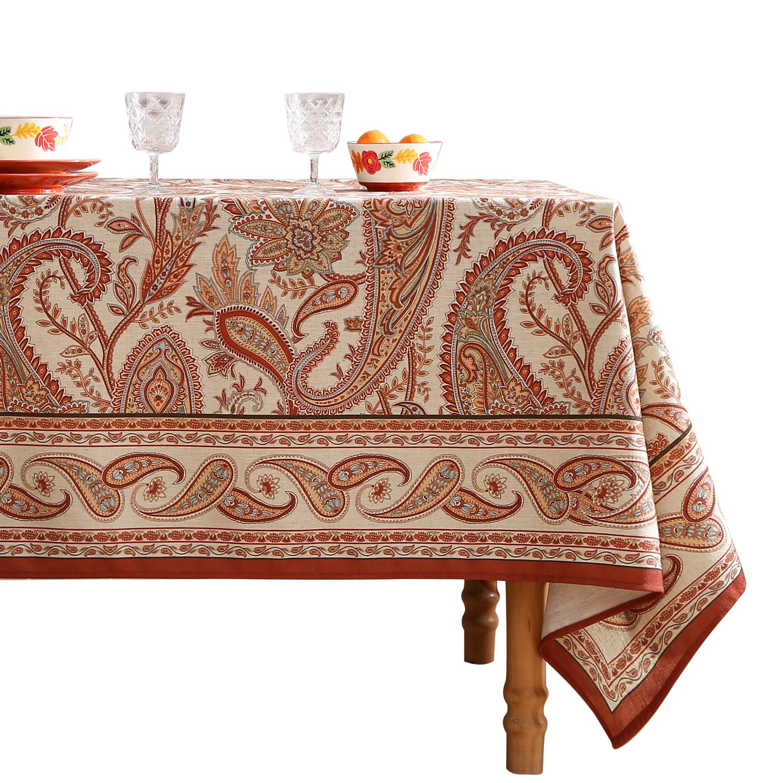 Photo 1 of ISAENNE French Tablecloth for Rectangular Tables,Linen Table Cloth with Cashew Pattern,Heavy Durable Table Cover for Dining Thanksgiving Kitchen Decor Party Banquet Christmas,63"*94"