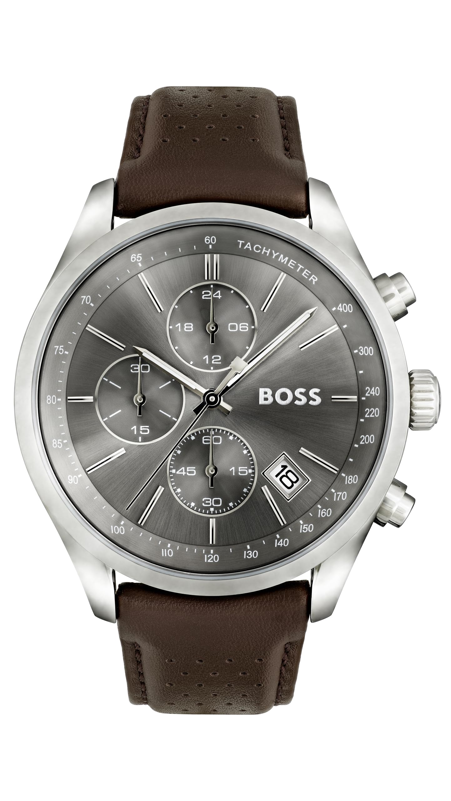BOSS Men's 43mm Chronograph Quartz Watch Grand Prix Collection with Grey Sunray Dial, Brown Perforated Leather Strap, Date Function, 3ATM Water Resistance - 1513476