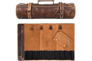 Leather Knife Roll Storage Bag | Elastic and Expandable 10 Pockets | Adjustable/Detachable Shoulder Strap | Travel-Friendly C