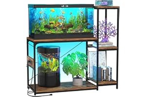 Hyomdeck 20-29 Gallon Fish Tank Stand with Power Outlet & LED Light, Reversible Wood Aquarium Stand with Shelves for Fish Tank Accessories Storage, Metal Frame, Turtle/Reptile Tank Stand, Rustic Brown