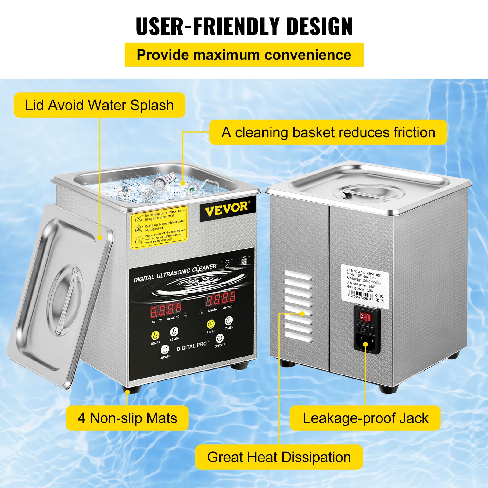 VEVOR 2 L Verbesserter Ultraschallreiniger (100 W Heizung, 60 W Ultraschall) Professioneller digitaler Labor-Ultraschall-Teilereiniger mit Heizungstimer für die Reinigung von Schmuck, Brillenteilen 6