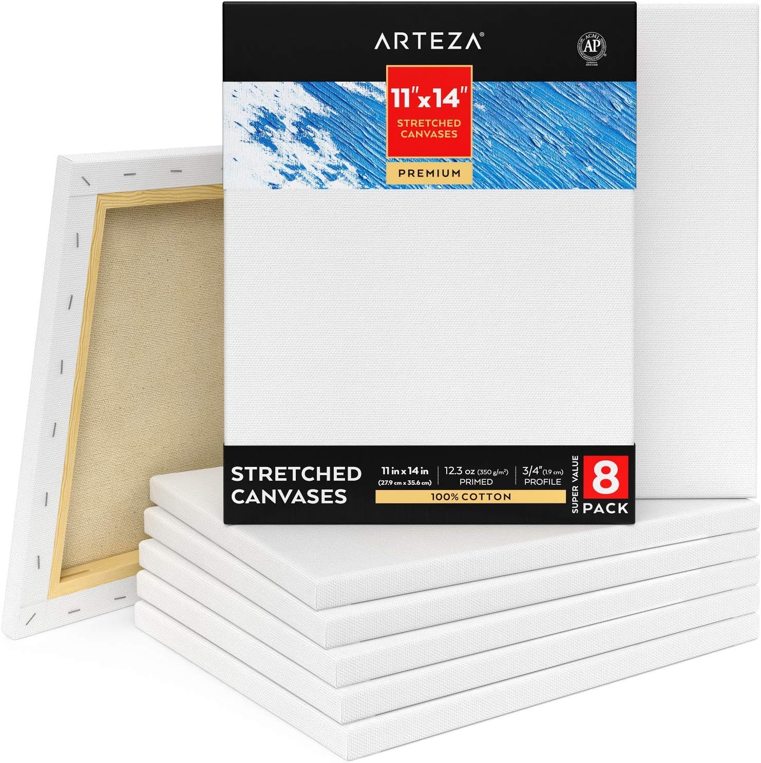 Arteza 11x14” Premium Stretched Canvas, Bulk Pack of 8, Primed, 100% Cotton for Painting, Acrylic Pouring, Oil Paint & Wet Art Media, Canvases for Artist, Hobby Painters & Beginner