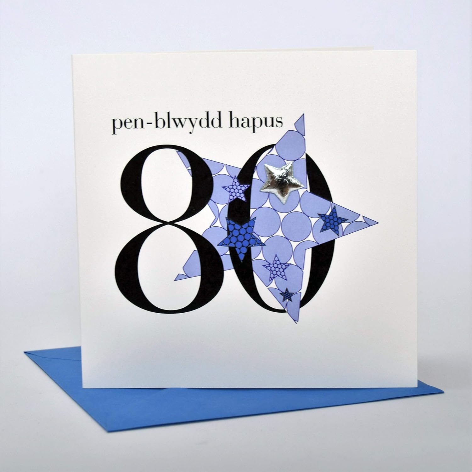 Claire Giles Greeting Cards, Welsh Happy 80th Birthday Card, Penblwydd Hapus, Blue Stars Age 80 Greeting Card - Image 3