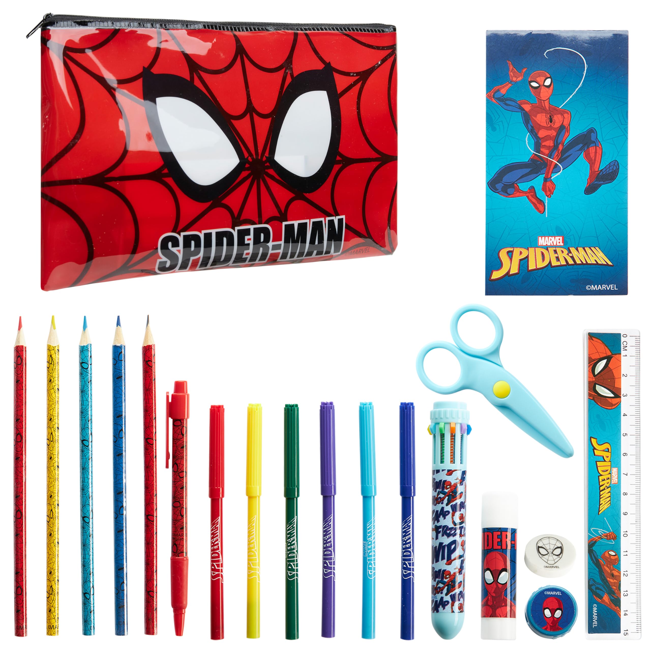 Marvel Spiderman Boy's Pencil Case with School Supplies Included, Coloured Pencils, Pen, Stationery Kit, Gift for Children