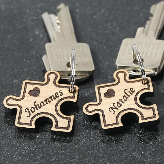 Bio-Echtholz Liebes-Anhänger, individuell graviert, Bio Schlüsselanhänger in verschiedenen Formen zur Auswahl, Form:Puzzle