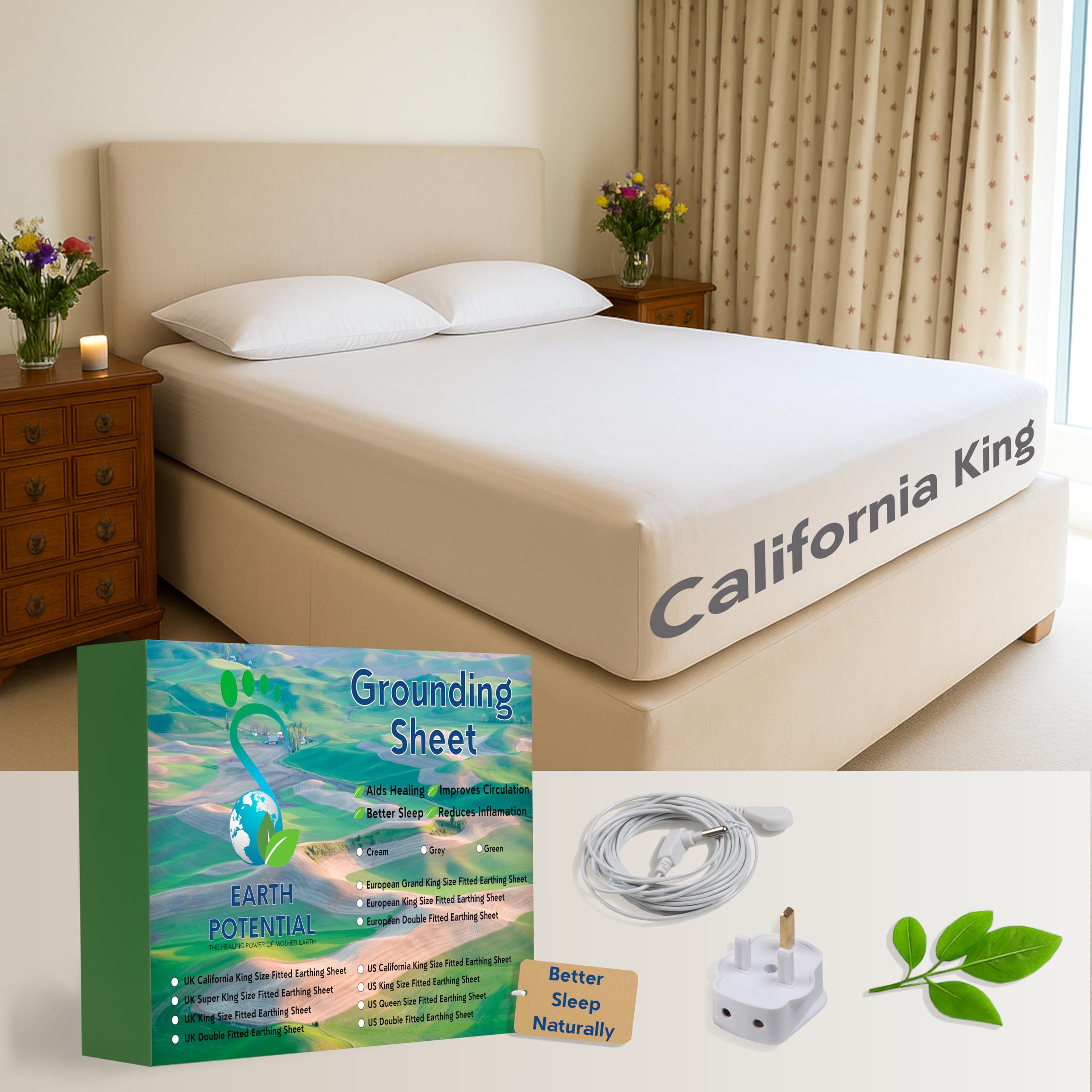 Earthing Grounding Fitted California King Size Sheet – 95% Cotton and 5% Soft Silver Conductive Thread for Healing and Better Sleep, supplied with a 5m earth cable and UK double outlet grounding plug
