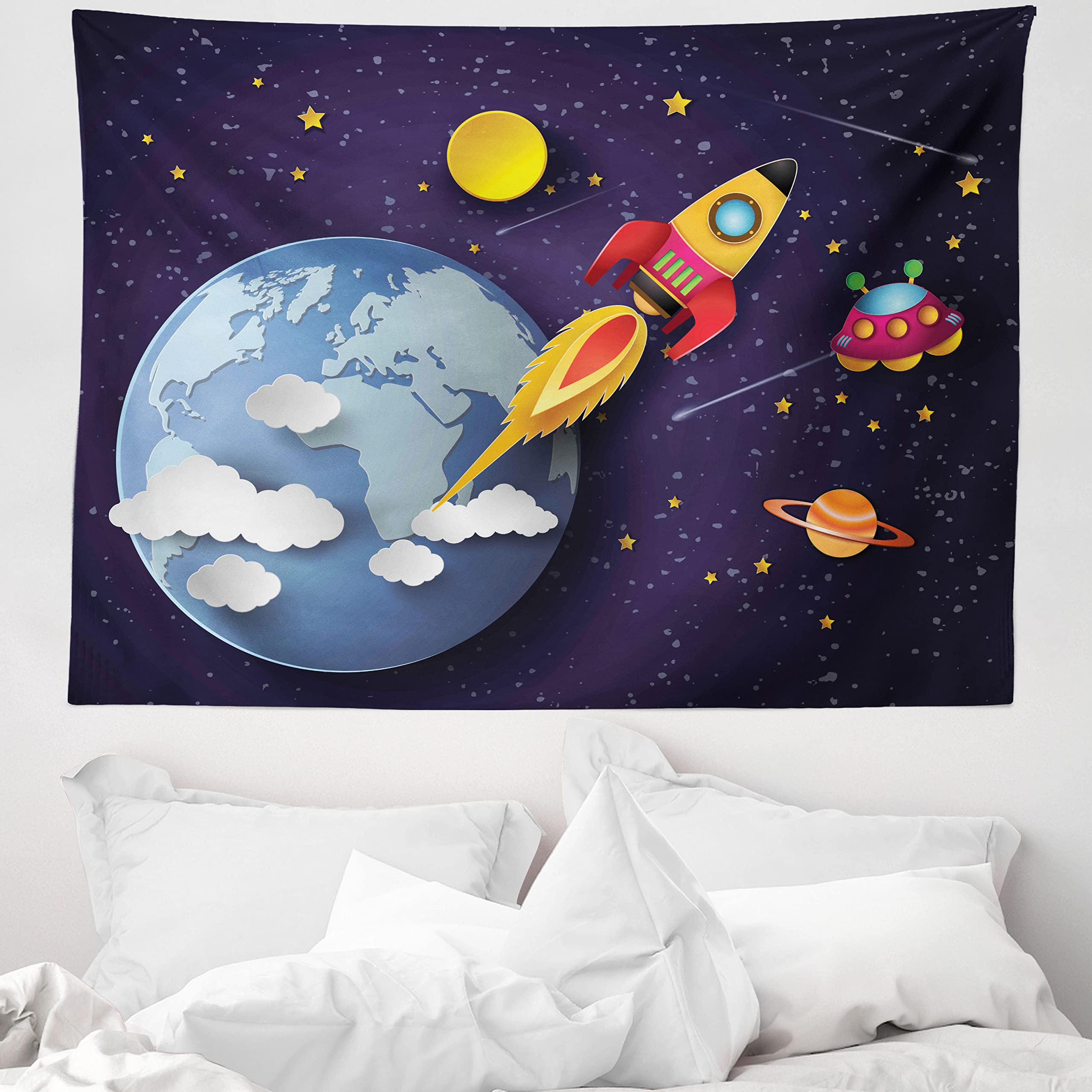 ABAKUHAUS Outer Space Tapestry, Rocket on Planetary System with Earth Stars Ufo Saturn Sun Galaxy Boys Print, Fabric Wall Hanging Decor for Bedroom Living Room Dorm, 58 W X 43 L, Multicolor