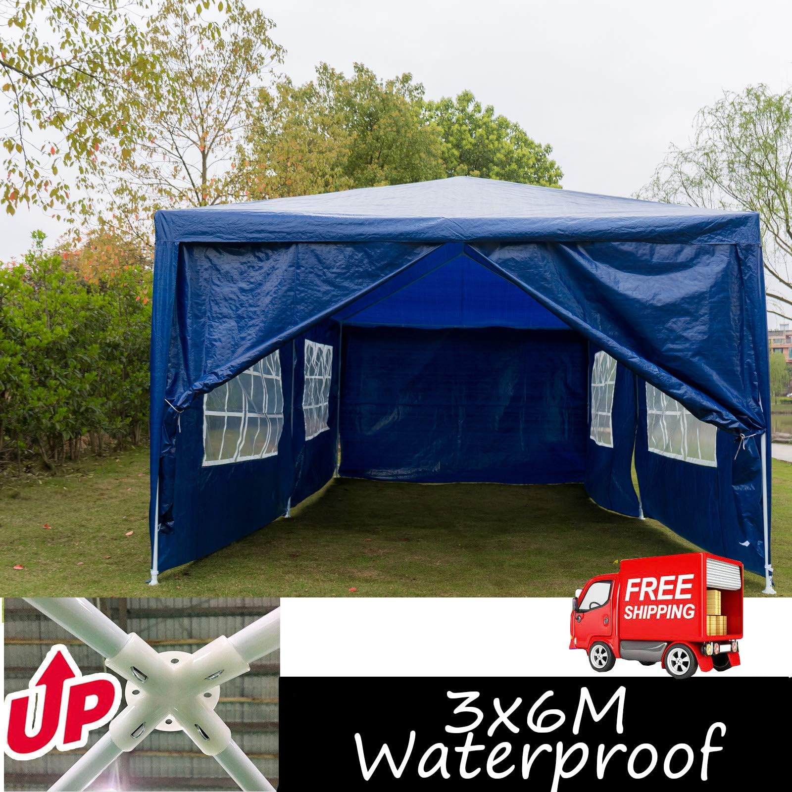 3x6M Garden Folding Gazebo Marquee Party Tent Wedding Portable Garage Carport Shelter Car Canopy Outdoor Steel Frame Waterproof Rot Resistant Extra Stability Blue with Removable Side Wall