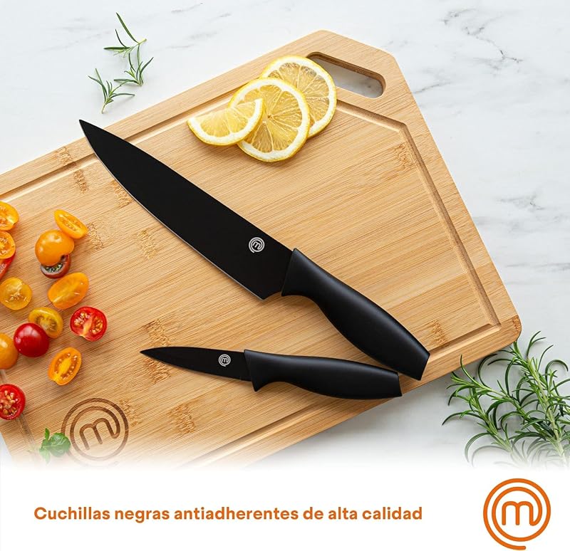 Facas de cozinha masterchef, conjunto de facas de cozinha, conjunto de facas de chef (carne, serra para pão, legumes e peixe), aço inoxidável, cabos de toque suave, multifuncional, 5 peças, preto