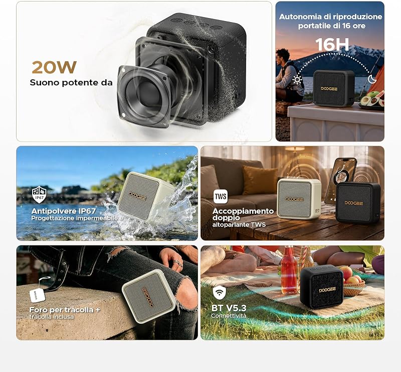 Cassa Portatile 20W Picco,Speaker Wireless IP67 Impermeabile Antipolvere e Antiurto,14 Ore Autonomia,TWS Stereo,Vivavoce,USB TF AUX,Altoparlante Compatto per Casa,Viaggio,Spiaggia e Outdoor