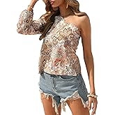 Floerns Women's Boho One Shoulder Vintage Floral Print Long Sleeve Blouse Top