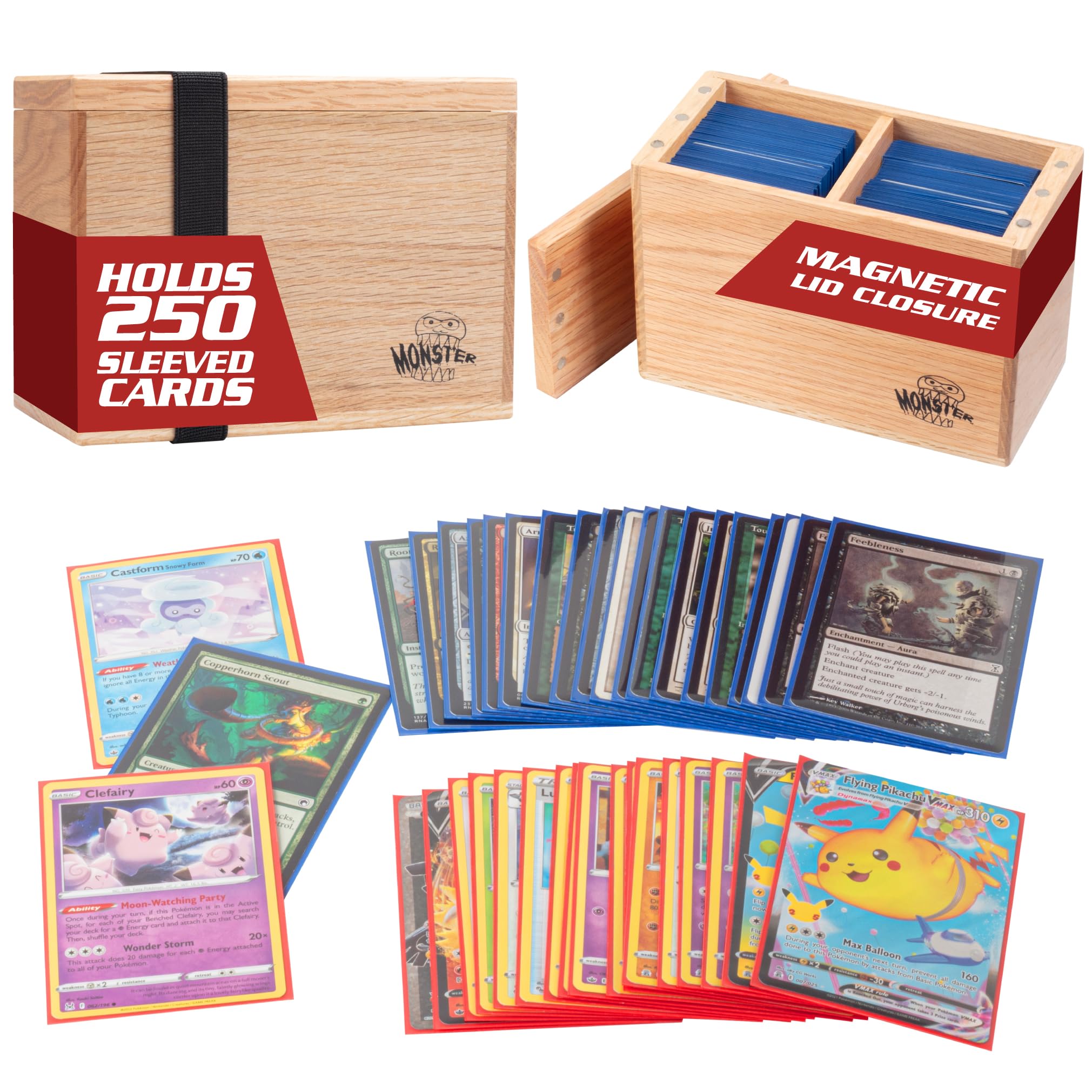 Photo 1 of Monster Wooden Double Deck Box w Strong Magnetic Lid & Security Band- Premium Holds 250 Sleeved Cards- Compatible with Yugioh, Commander Magic The Gathering MTG Sport Cards Trading TCG Game, Gift
