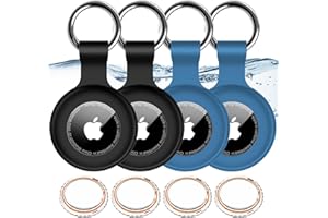 HITFINE 4 Pack,IPX8 Waterproof Airtag Holder for Apple Air Tags with Air Tag Keychain,Shockproof GPS Cover [Anti-Scratch] [PC+Silicone] Air-Tag Item Finders Case for Pets,Kids,Keys,Luggages-Black/Blue