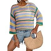 Dokotoo Womens Spring Summer 3/4 Sleeve Crochet Sweater Hollow Out Color Block Striped Tops Casual Beach Vacation Cover Ups