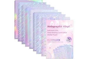 Prime Vinyl Holographic Sticker Paper, 64 Sheets Clear Overlay Lamination Sticker Paper, Transparent Holographic Vinyl Sheets