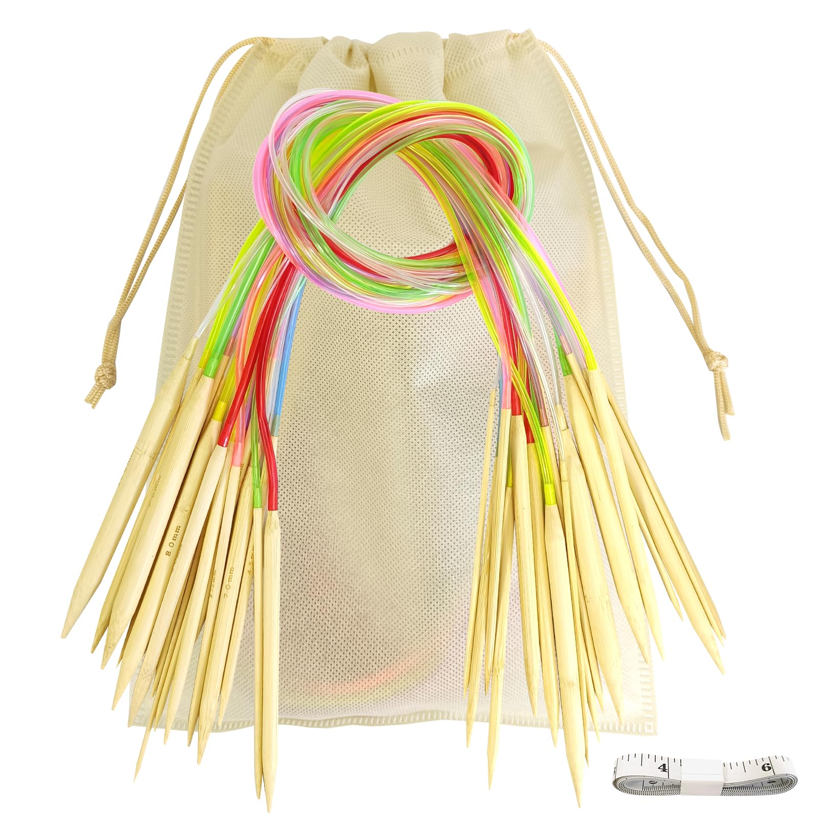 Circular Knitting Needles Set, 18 Size Bamboo Round Knitting Needles Set Double Pointed Knitting Needle for Hats Gloves Socks Scarfs (80cm/31.5inch)