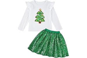 RAISEVERN Girls Christmas 2 Piece Outfit Glitter Skirt Sets and Ruffles Long Sleeve Shirts Tops Clothes 2-6 Years