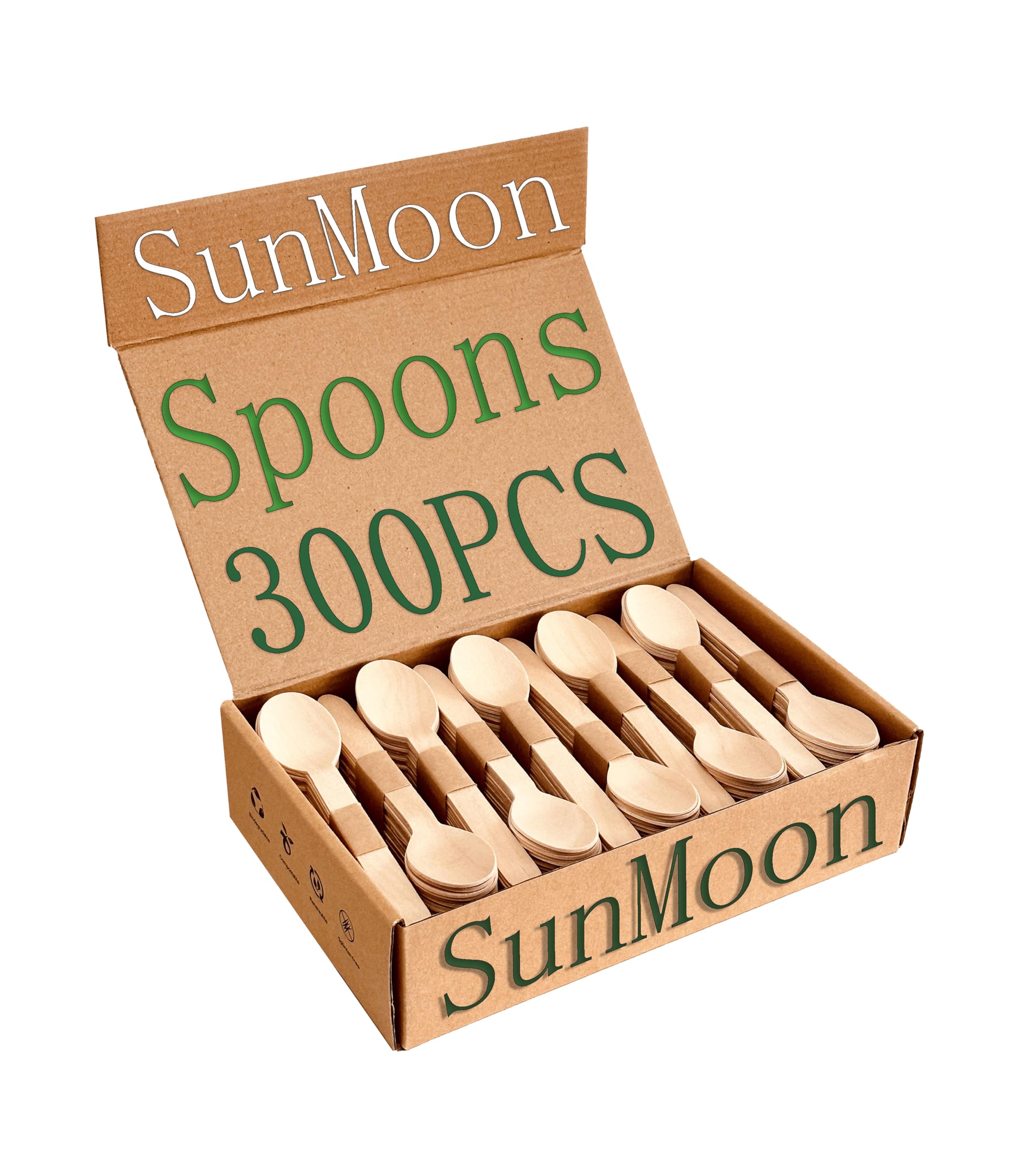 SunMoon Eco Friendly 300 Pack Wooden Spoons Disposable, 16cm Long, Plastic Free Packaging，Substitute for Plastic and Bamboo, Disposable for Parties, Camping, Weddings, Garden