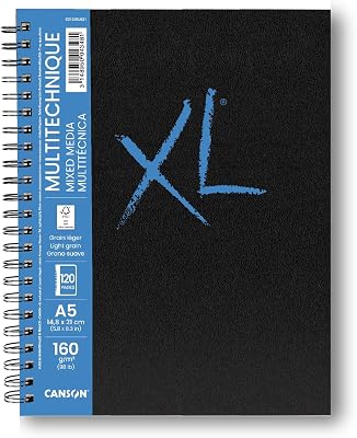 XL Art Book, Papel Multitécnica, Grano Suave, 160gsm, Cuaderno Espiral, A5-14,8x21cm, Blanco, 60 hojas
