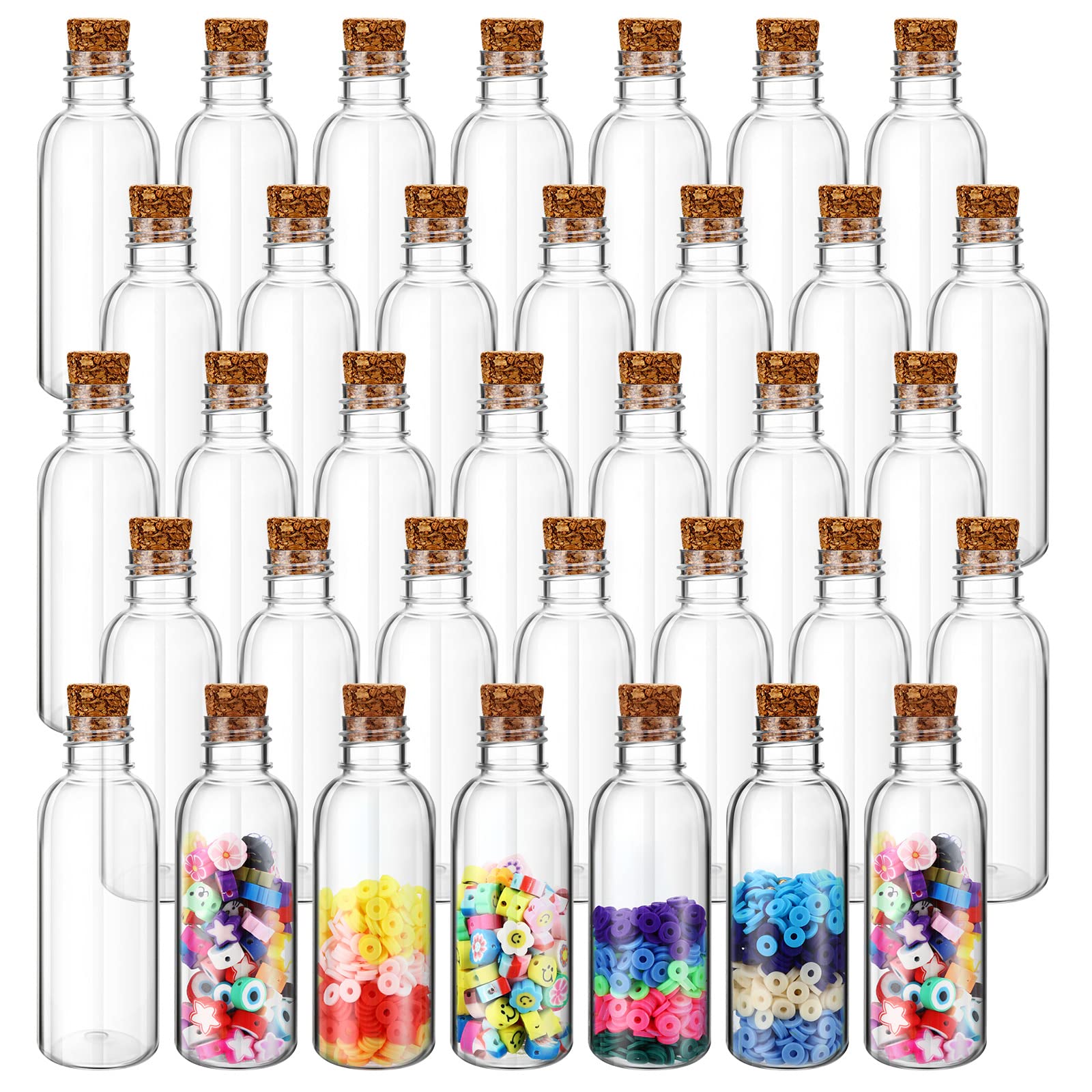 Photo 1 of Lounsweer 50 Pack 2 oz Clear Plastic Sand Art Bottles with Cork Stoppers Sand Art Containers Jar with Lid Mini Potion Bottles for DIY Wedding Party Favors Wish and Message Bottle(Wood Color)