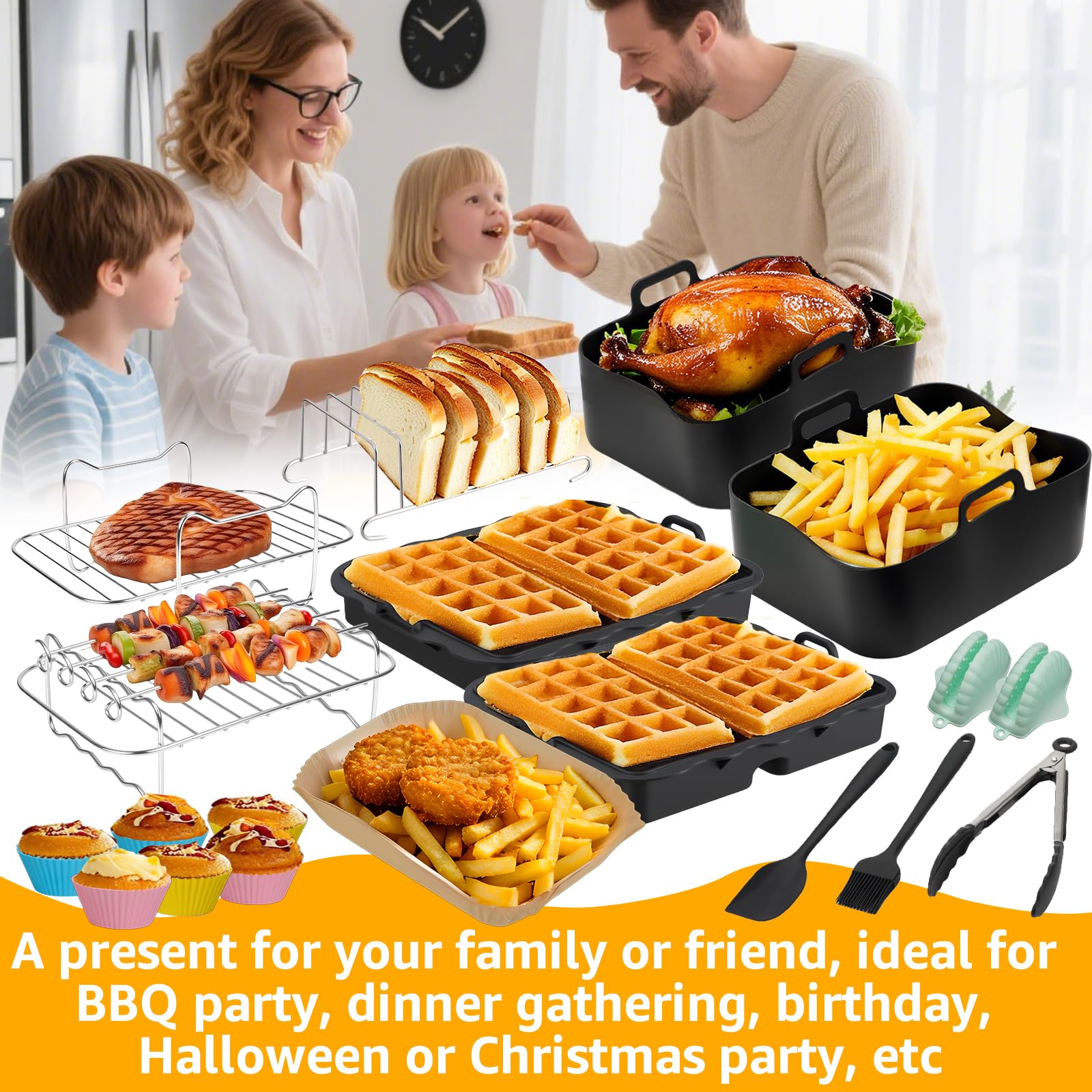 Ninja Heißluftfritteuse Zubehör, Airfryer Zubehör Set für Dual Zone Heißluftfritteuse Ninja AF400EU/AF451EU 9.5L, Airfryer Silikonform Zubehör Set, Waffelbackform, Grillrost, Kastenform 7