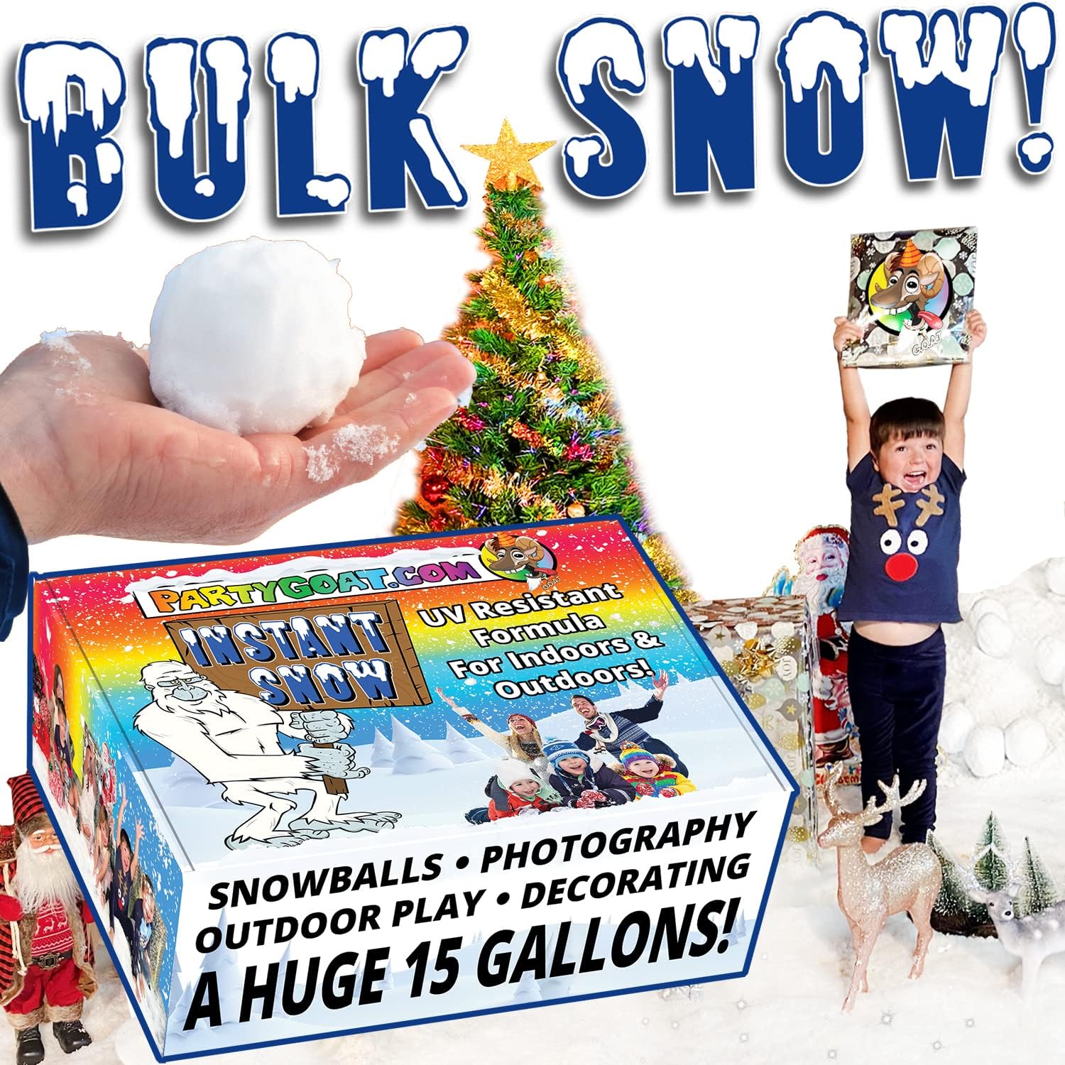 Artificial Snow - PARTY GOAT Bulk Fake Snow Powder for Outdoor & Indoor use. 39oz Makes 15 Gallons of Instant Snow for Sensory Play. Make Artificial Snowballs. Just Add Water. Magic Fun for Kids