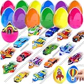 JOICEE Easter Eggs Prefilled with 24Pcs Pull Back Cars Planes Toys | Plastic Easter Eggs with 24pcs Cars and Airplane Toys Fun Tattoos for Kids Easter Party Favors Classroom Activity Gifts