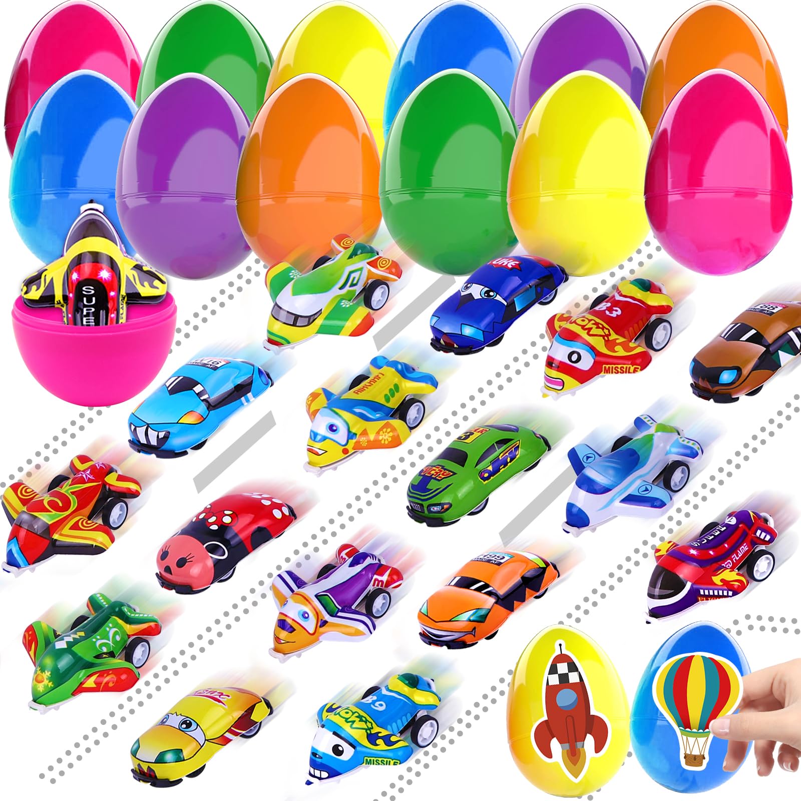 JOICEE Easter Eggs Pre Filled with Pull Back Ca0rs Planes, Plastic Easter Eggs with 24pcs Cars and Airplane Toys and Fun Tattoos for Easter Party Favors Classroom Activity Gifts for Boys